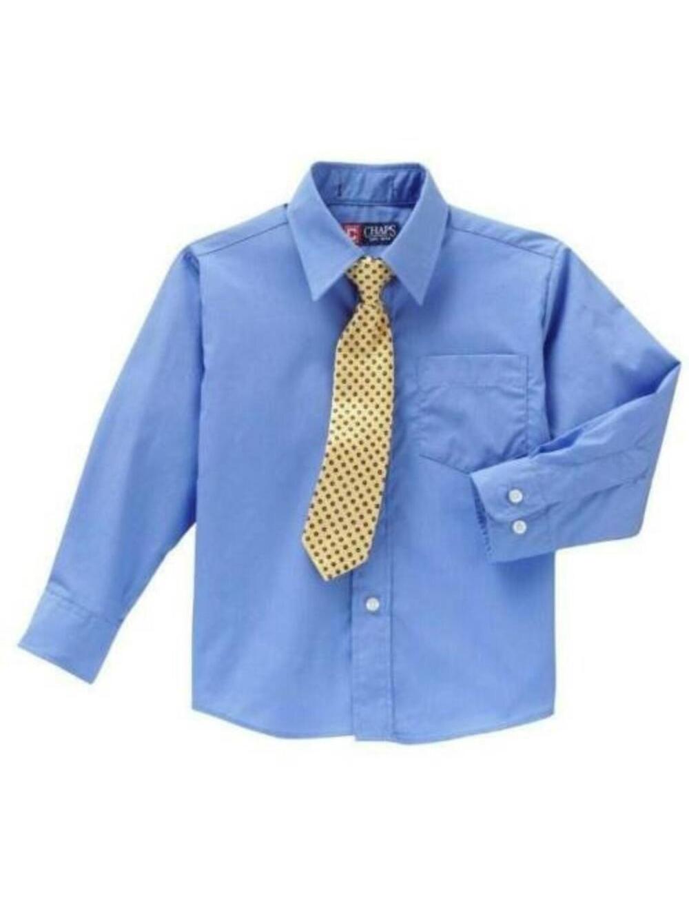Chaps Dress Shirt Set Boys 12 Blue Long Sleeve Collared & Yellow Clip On Tie
